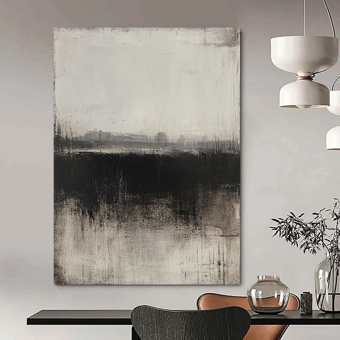 Contemporary hand-painted abstract artwork featuring a grey and black palette soft textures and a faint urban landscape in a minimalist style. DLZ0710