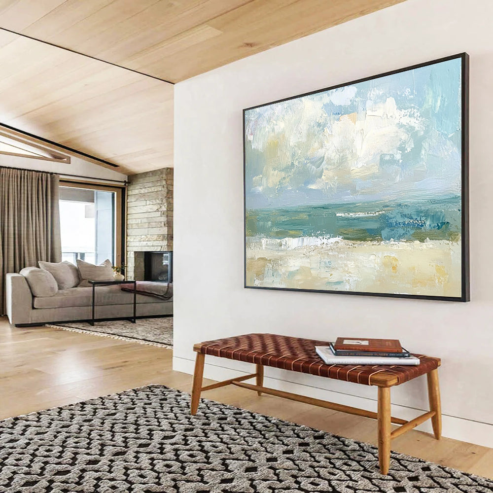 “Abstract Coastal View” - Muted Blues, Greens, Beiges, Textured Beach Scene - Oil Painting HB1613