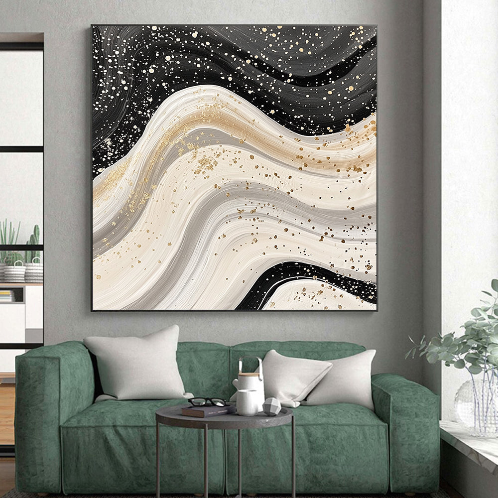 Black, White & Gold Swirling Waves - “Luxe Fluid Motion” Painting On Canvas HB210