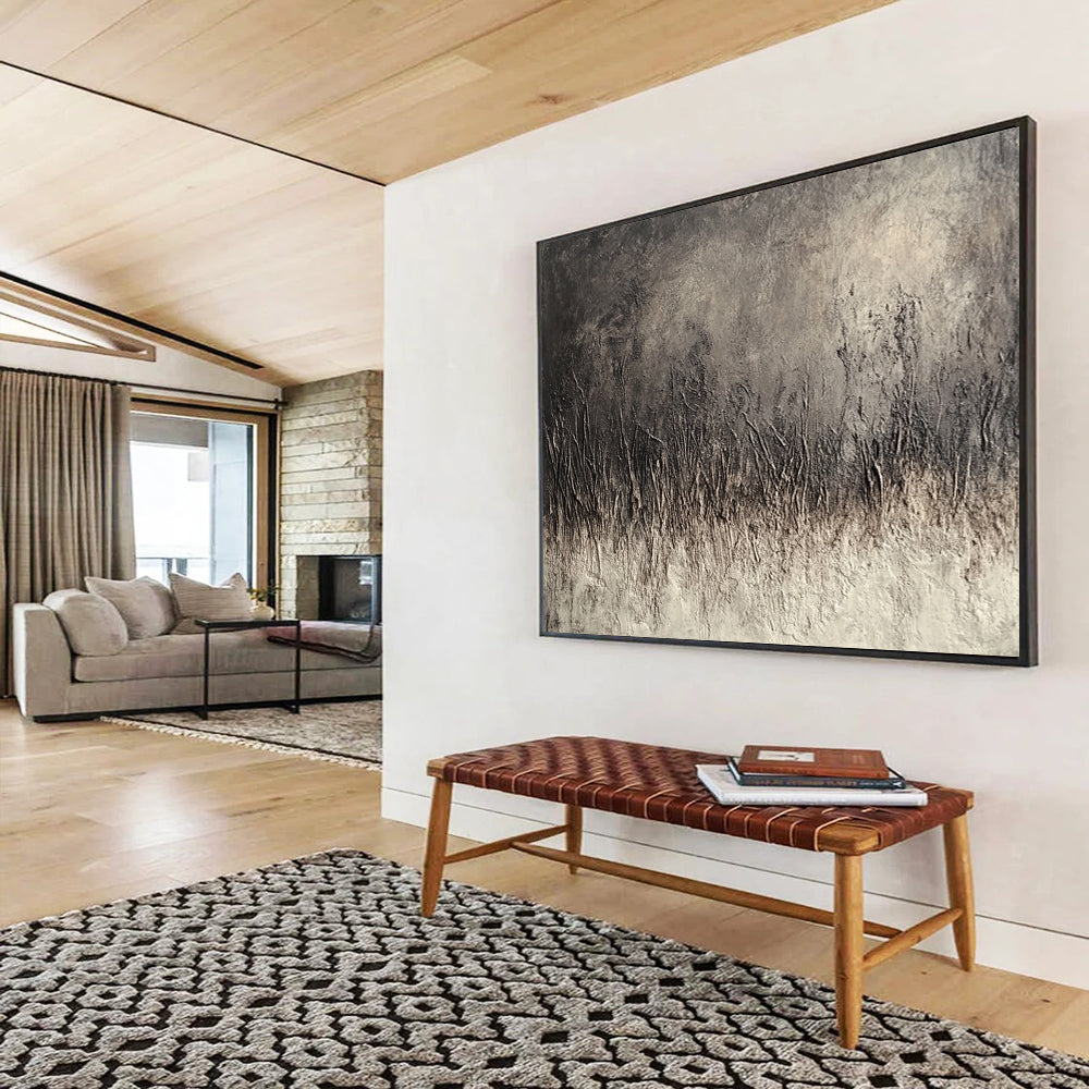 “Textured Gray Field” - Dark gray texture, grass - like forms, Textural Abstract Painting On Canvas HB0557