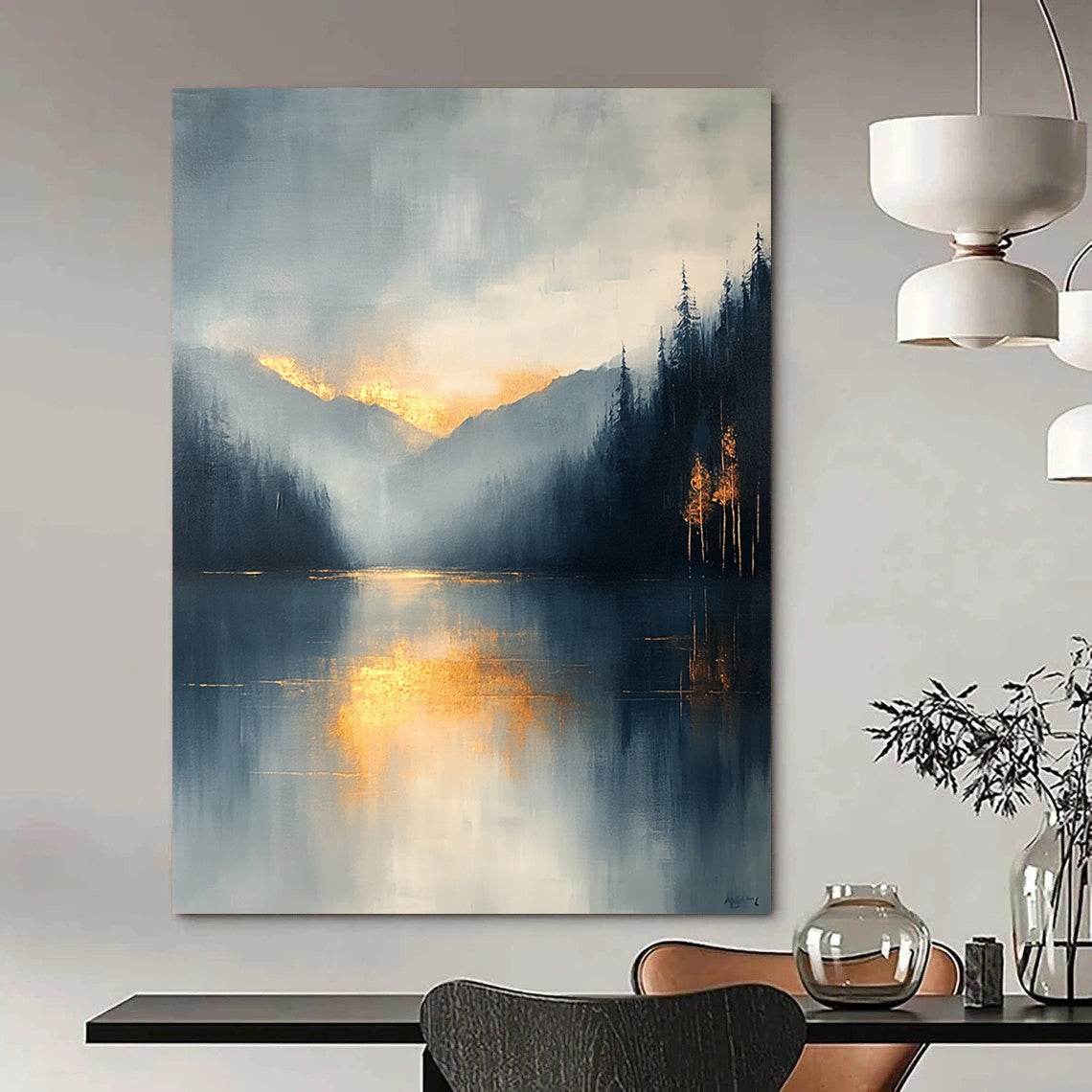 Contemporary abstract painting featuring a misty light blue and gray sky with gold leaf accents and visible brush strokes for an atmospheric effect. DLZ0514
