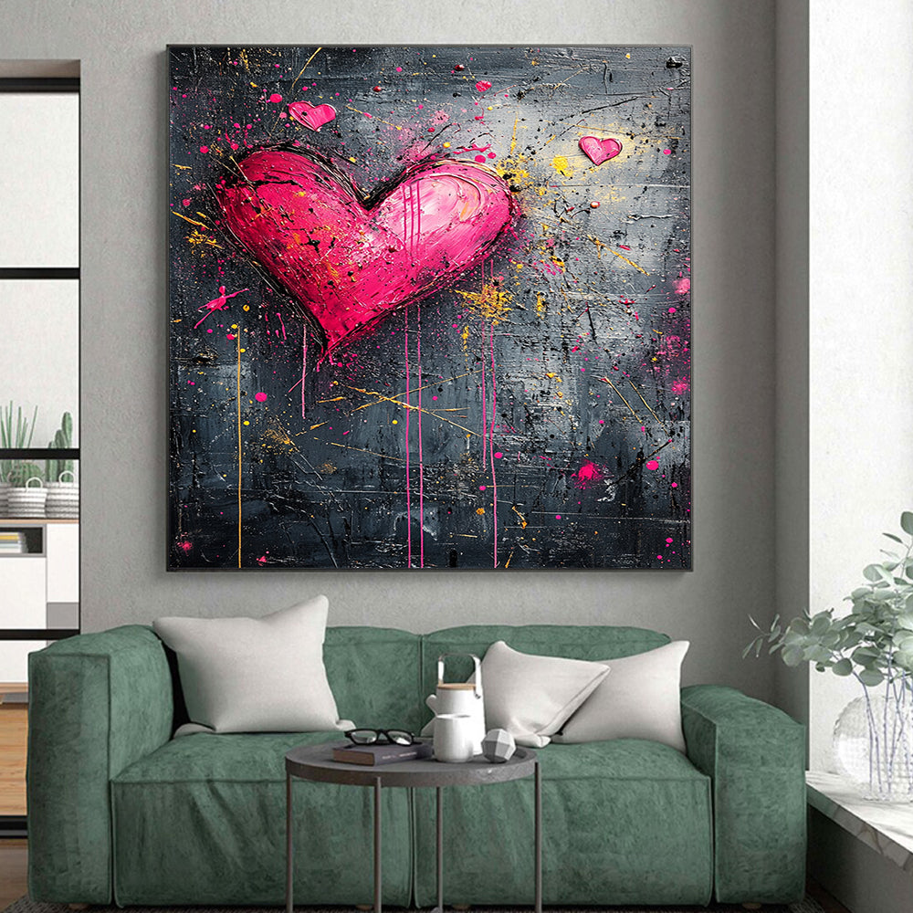 Pink Hearts with Splattered Yellow & Red - “Passionate Urban Hearts” Painting On Canvas HB212
