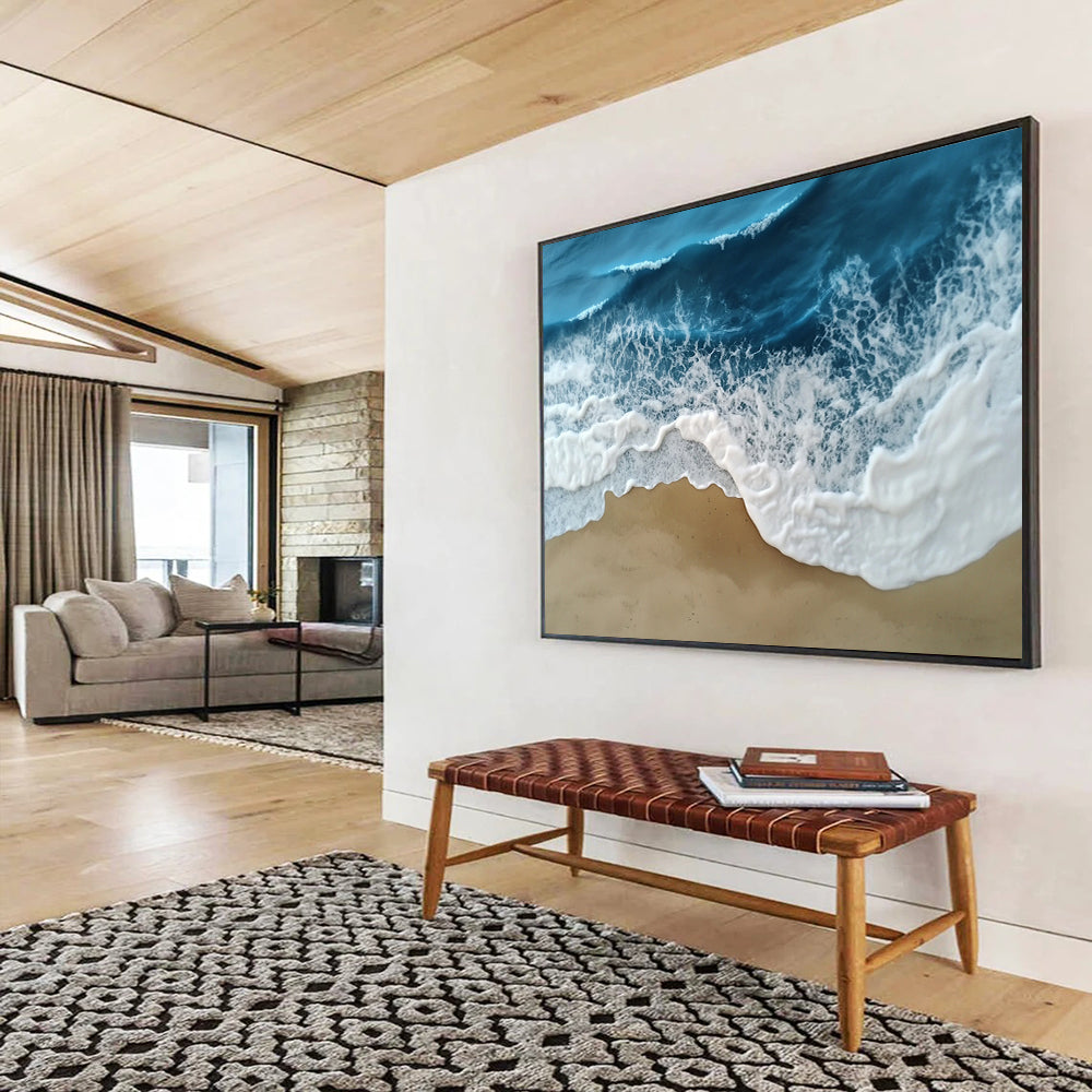 “Textured Ocean Waves” - Blue, White, Beige, 3D - Like Seascape Painting On Canvas HB0688