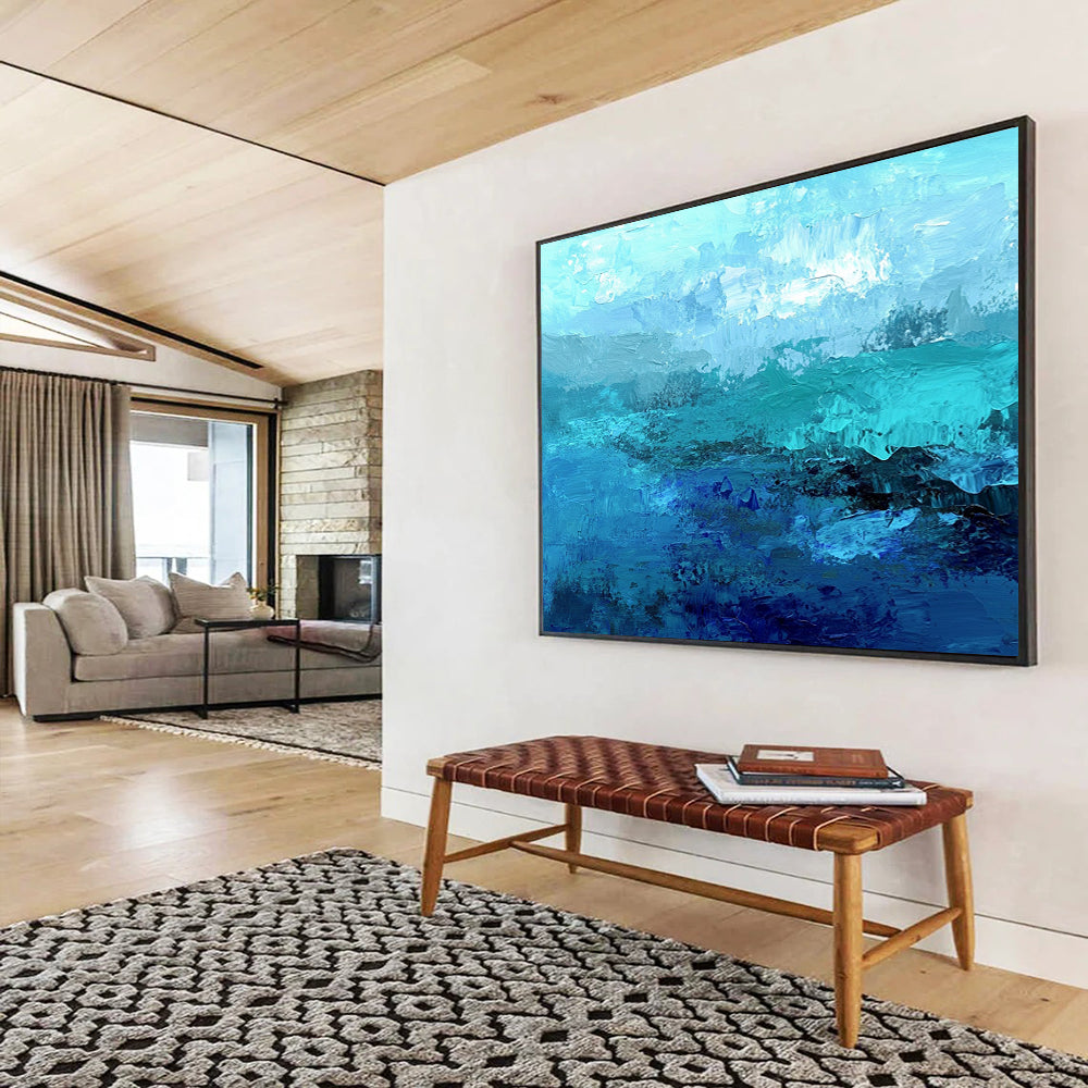“Ocean Depths in Blue” - Shades of blue; Abstract ocean waves; Impasto Oil Painting On Canvas HB1186