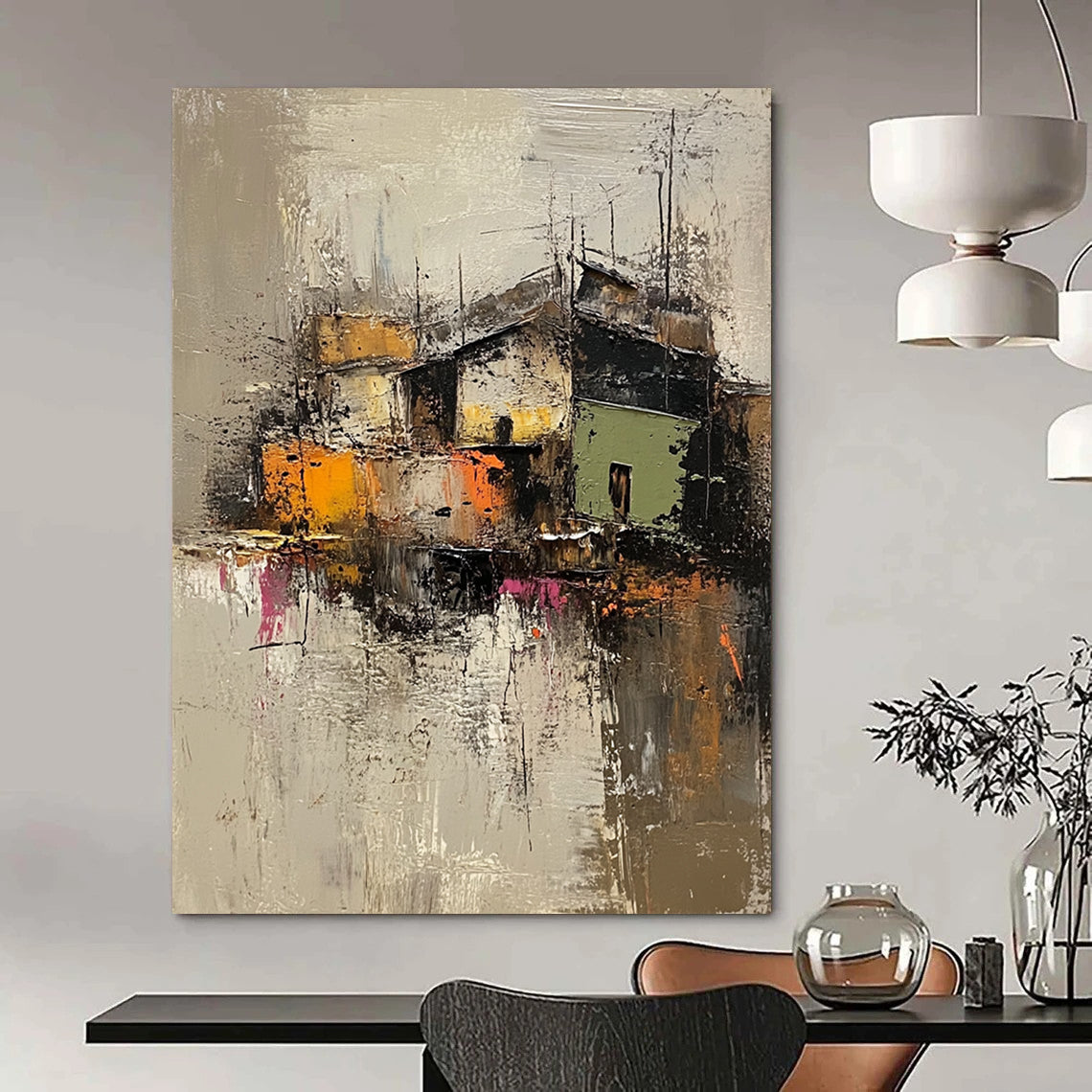 Contemporary abstract artwork featuring an old village in muted grey and brown, highlighted with vibrant green, yellow, orange, and pink textures. DLZ0961