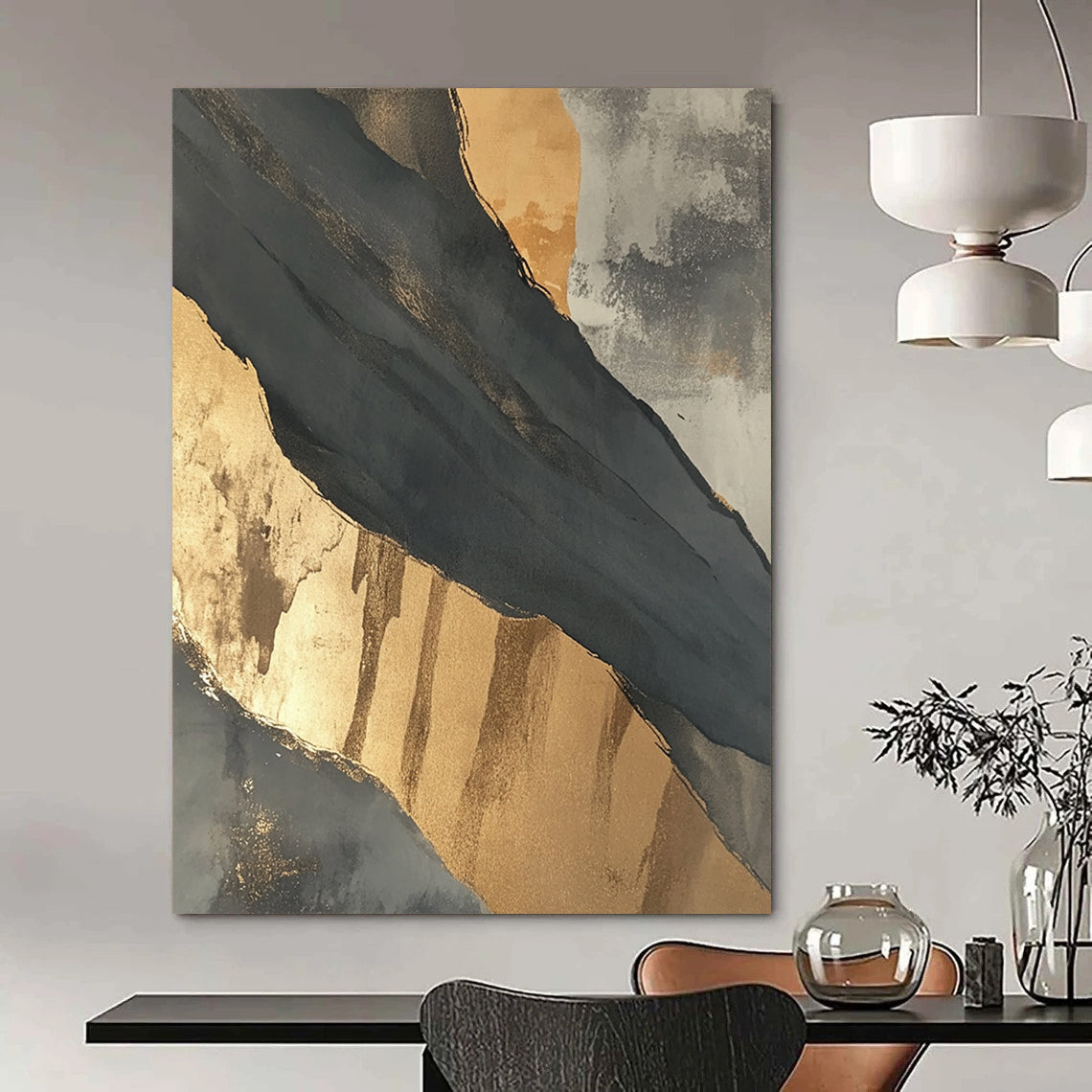Contemporary large hand-painted abstract artwork featuring intricate black and gray patterns highlighted by elegant gold accents. DLZ1715