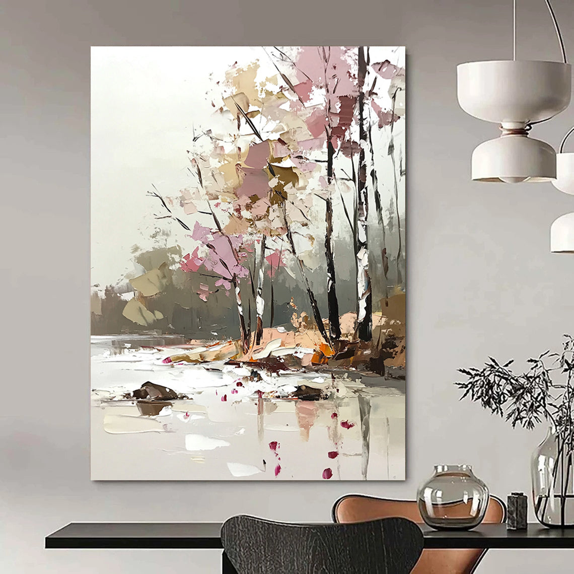 Contemporary abstract art features a soft palette knife technique with light pink and beige tones, showcasing trees by the river in a dreamy, blurred style. DLZ1113