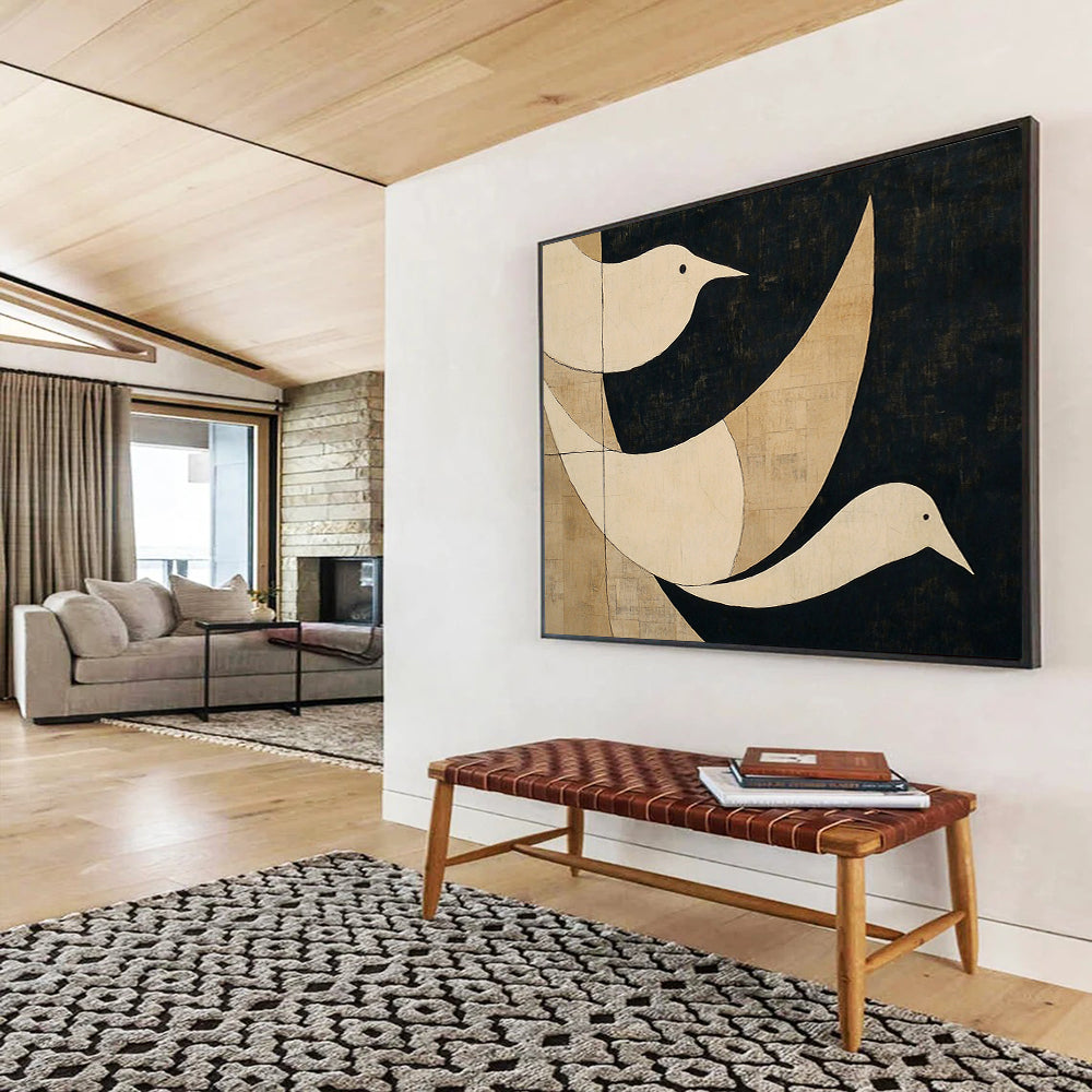 “Minimalist Birds” - White, black, beige, Minimalist Animal Painting HB0635