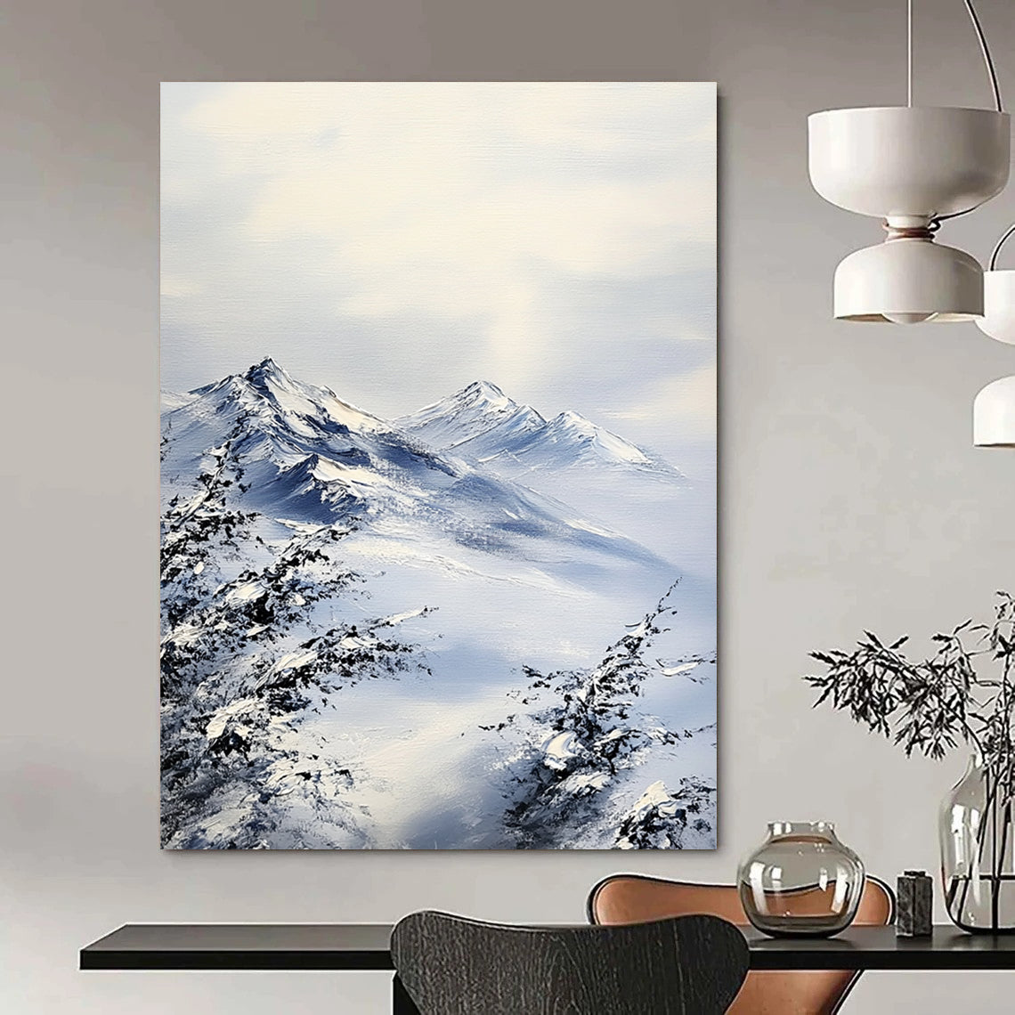 Contemporary hand-painted abstract artwork featuring textured snow-capped mountains in gray and blue tones with an impressionist style and visible brushstrokes. DLZ1683
