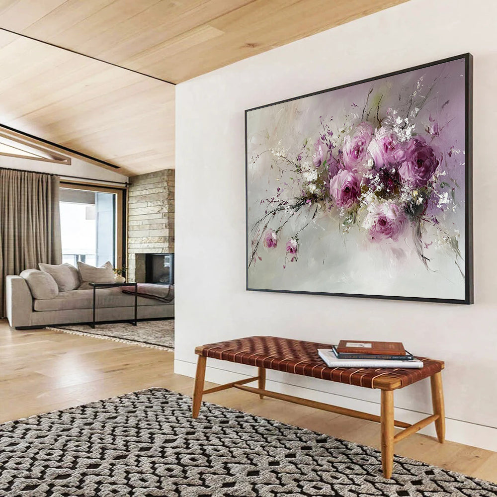 Pink, Purple, White and Green Floral Impasto "Romantic Blooms" Painting On Canvas HB0656