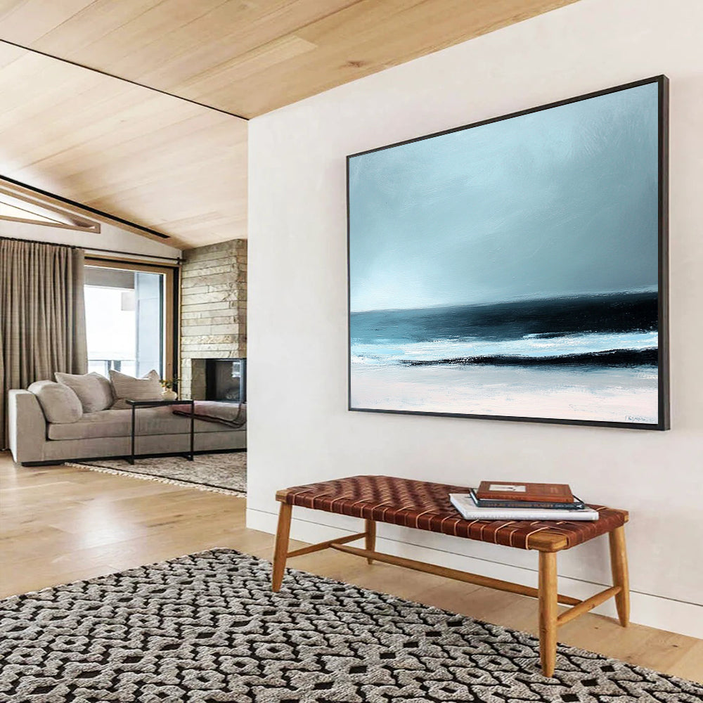 “Minimalist Beach Horizon” - Light blue, black, white; Abstract beach scene; Soft Acrylic Painting On Canvas HB1189