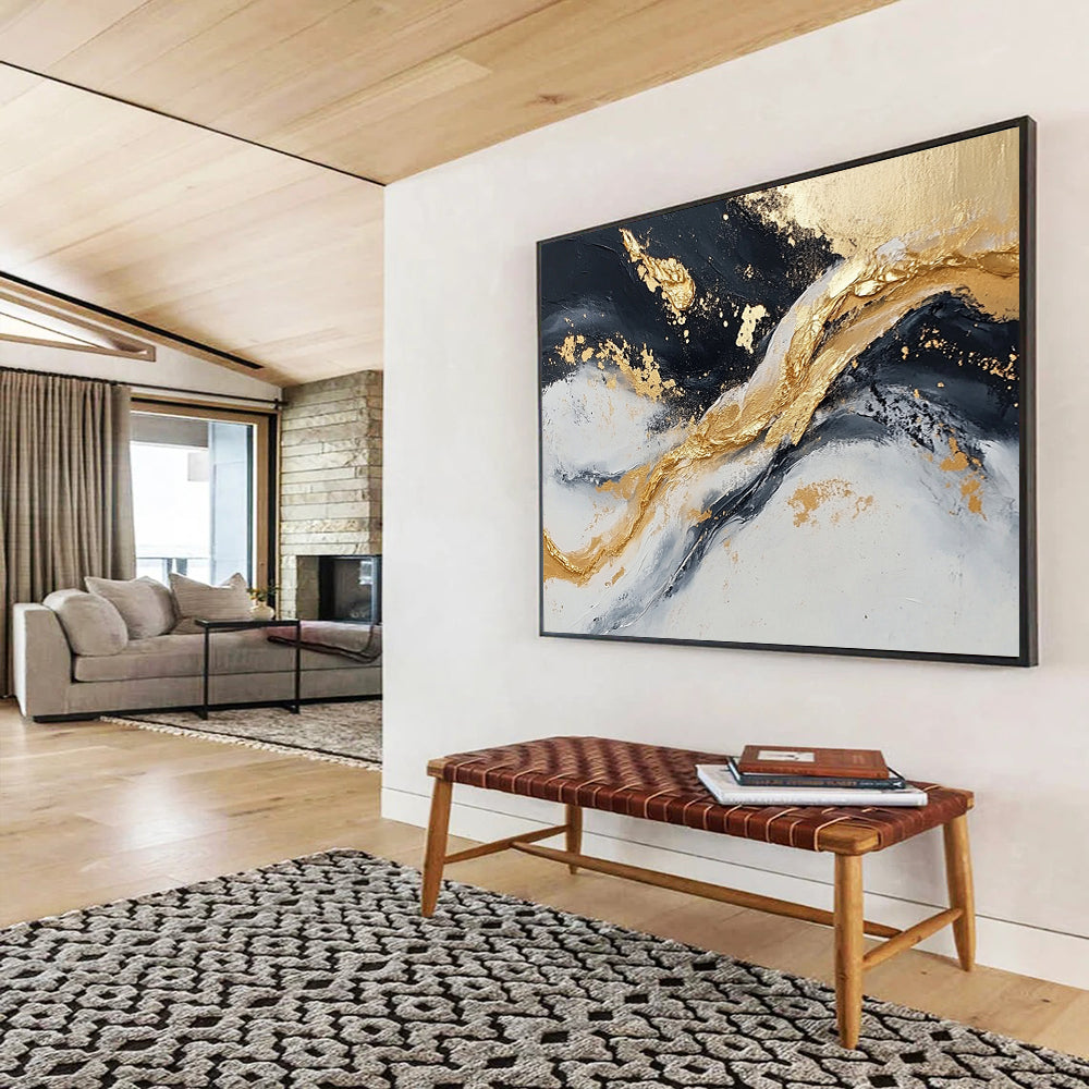 “Textured Gold - Black Wave Motion” - Gold, Black, Gray, Textured Waves Painting On Canvas HB0809