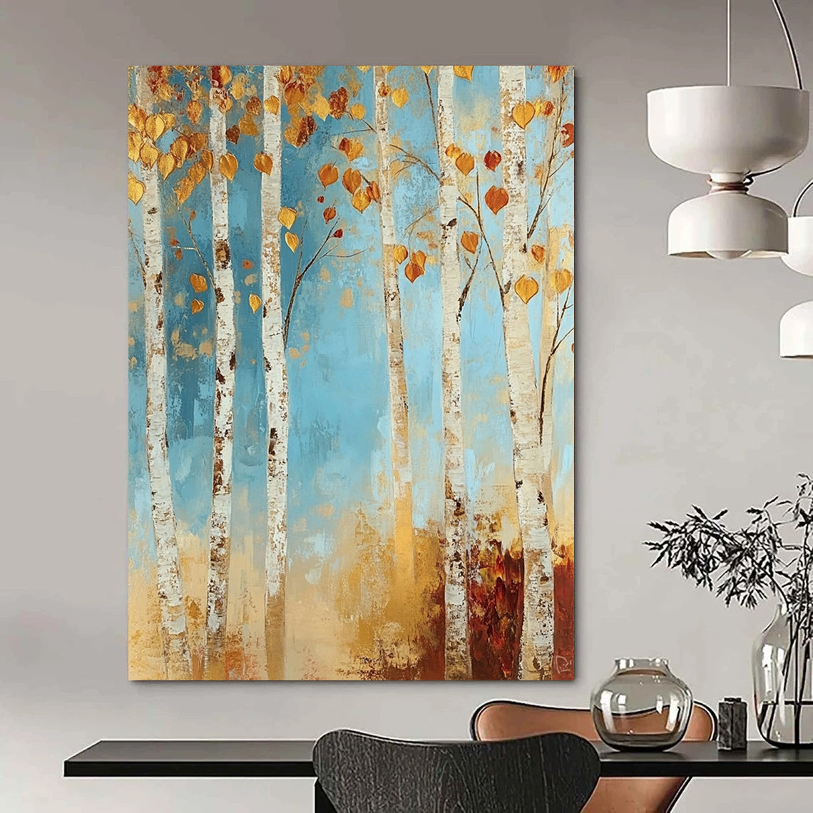 Contemporary abstract painting featuring a tranquil birch forest with autumn hues in soft blues and golds, adding warmth to your space. DLZ1456