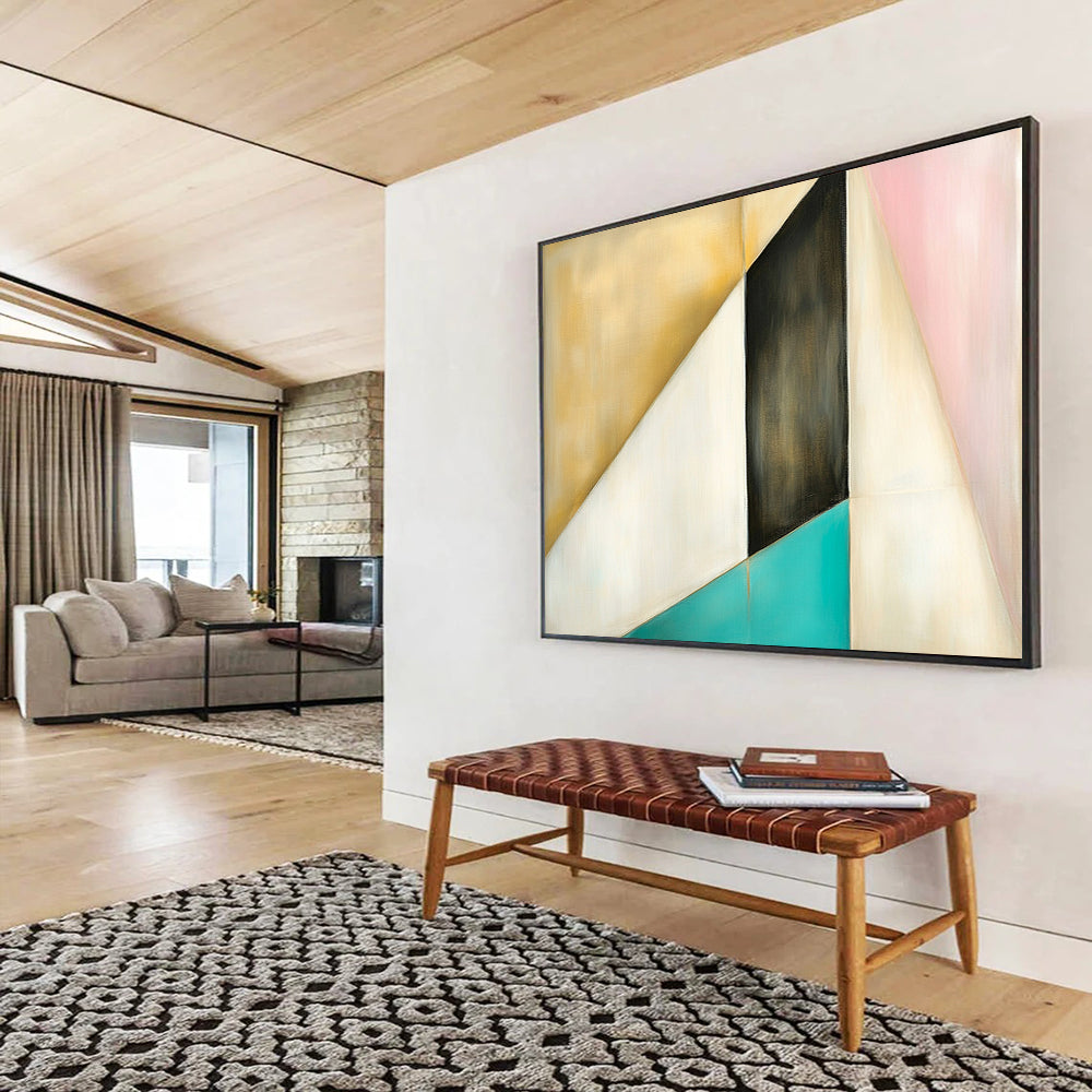 “Geometric Color Block” - Gold, Black, White, Pink, Teal, Geometric Shapes - Painting On Canvas HB1436