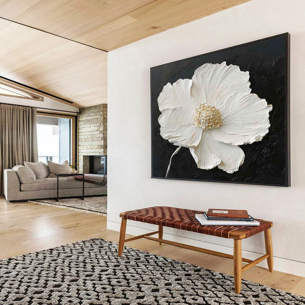 3D Relief White Flower Painting - Luxury Foyer Focal Decor DLZ091