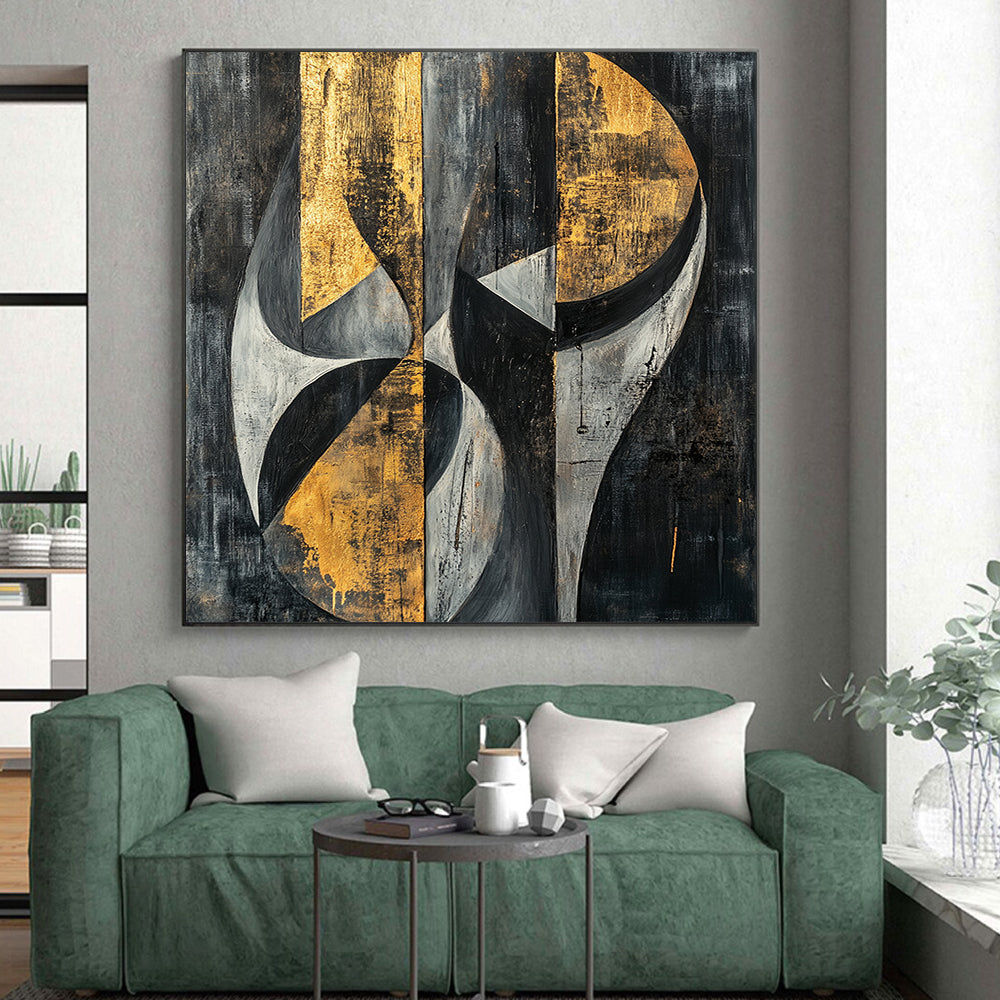 Gray, Black, Gold and Silver Geometric Abstraction "Mystic Geometry" Painting On Canvas HB397