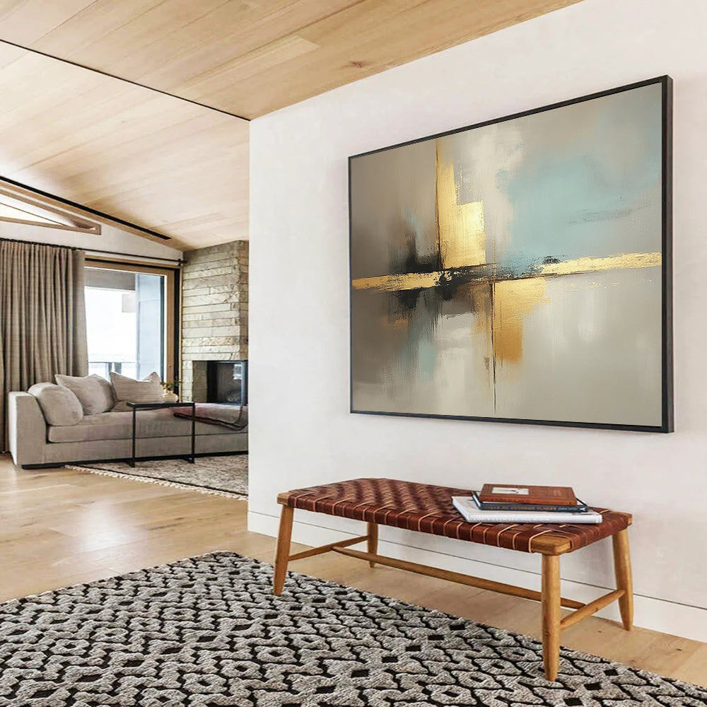 “Neutral Tones with Gold Cross” - Beige, light blue, gray, gold; Abstract cross with gold in neutral tones; Acrylic Painting On Canvas HB1248