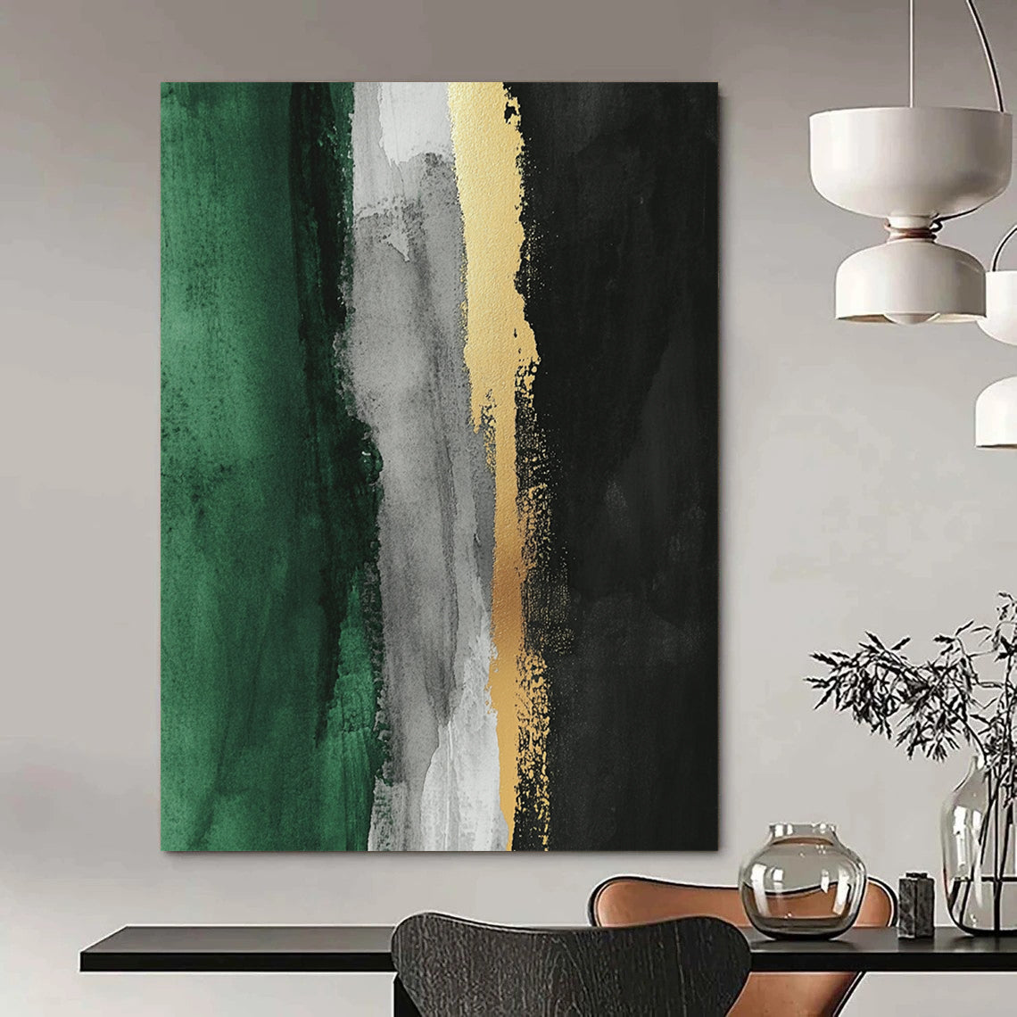 Contemporary abstract artwork featuring thick brush strokes gold leafing and a color palette of gray white black and green with a striking vertical yellow line. DLZ1630