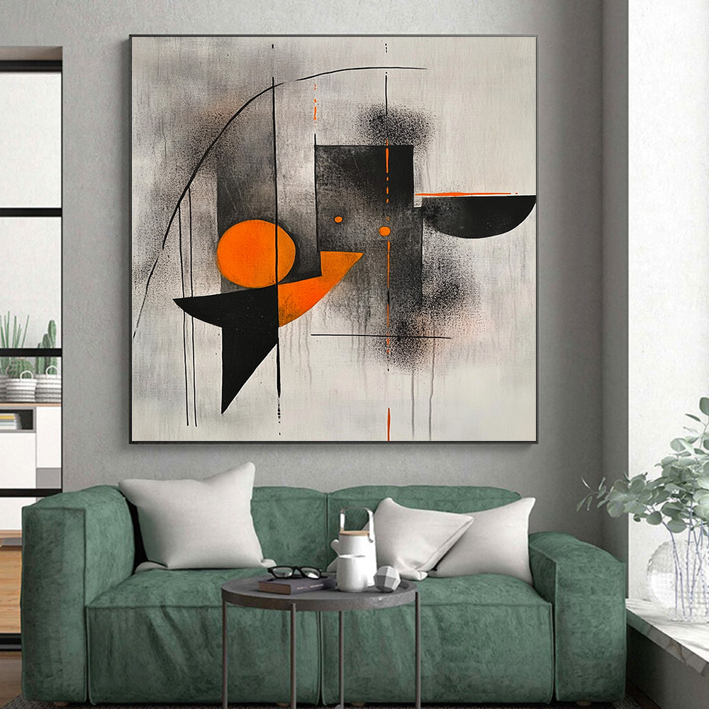 Black, Gray, Orange and White Geometric Abstraction "Harmonious Tension" Painting On Canvas HB327
