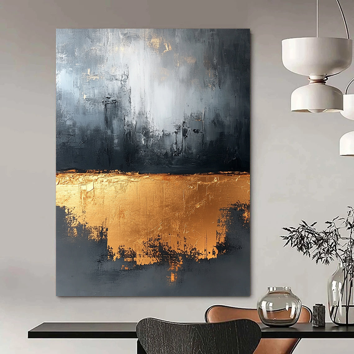 Large contemporary abstract painting in gray and gold tones with gold foil and strong textures for luxurious wall decor. DLZ0521