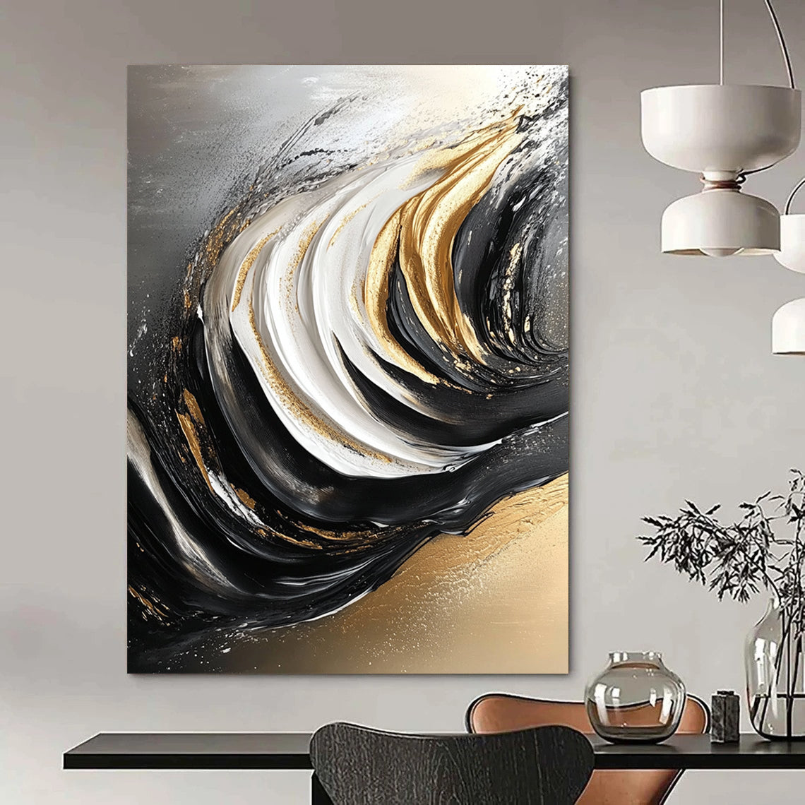 Contemporary hand-painted abstract art featuring flowing grain in black and white with elegant gold accents for a striking visual impact. DLZ0297
