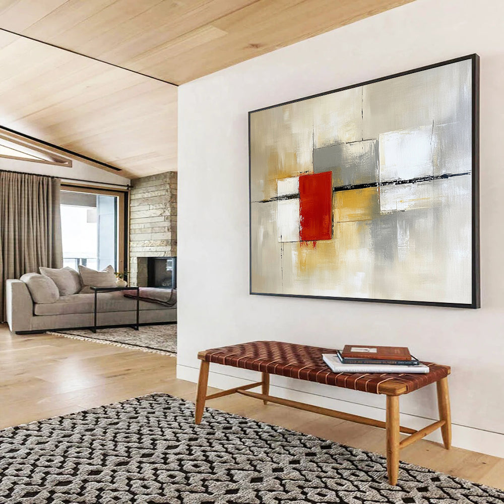 “Geometric Abstract in Neutral Tones” - Beige, gray, white, red; Geometric abstract with a central red square; Acrylic Painting On Canvas HB1257
