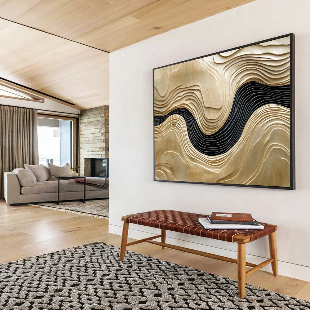 “Wooden Wave Carvings” - Light Wood, Black, 3D Abstract Wave Forms - Wood Art HB1634