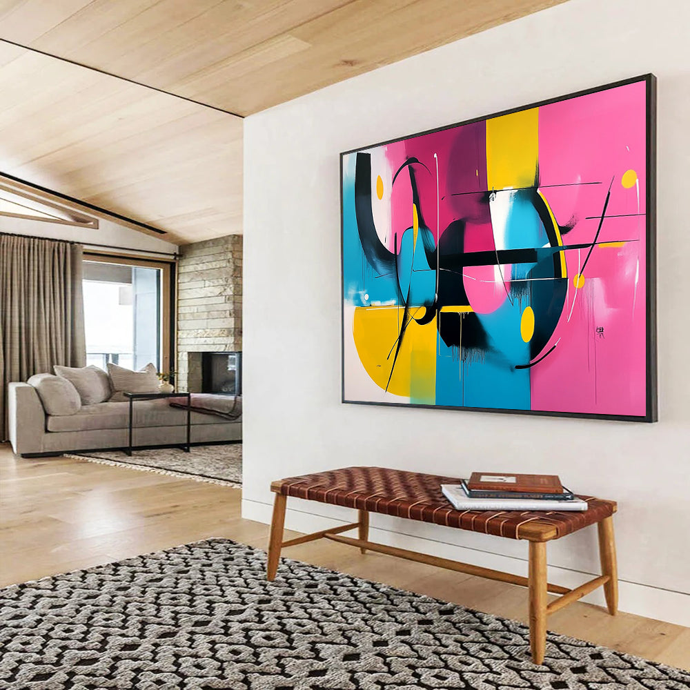“Vibrant Abstract Composition” - Pink, yellow, blue, black; Abstract composition with dynamic lines; Acrylic Painting On Canvas HB1273