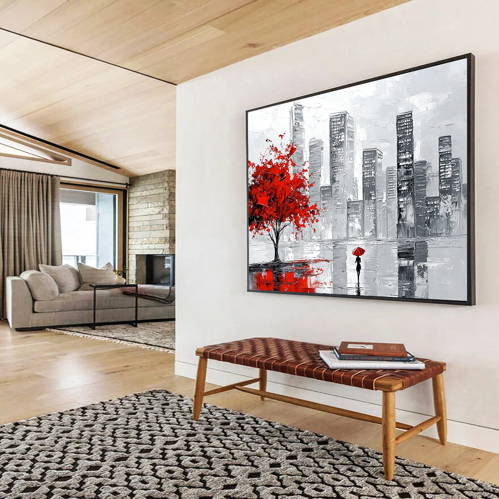 “Red Tree City Walk” - Red, Gray, Black, Urban Scene with Figure - Impasto Acrylic Painting HB1673