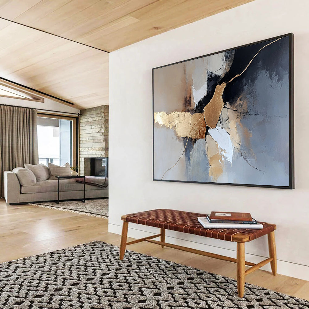 “Gold - Accented Abstract Forms” - Gold, Gray, White, Abstract Forms Painting On Canvas HB0995