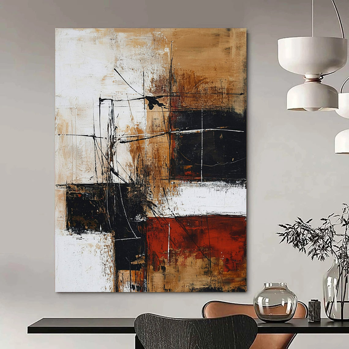 Contemporary hand-painted abstract artwork features brown and black tones on white, creating depth with interlaced shapes and loose strokes. DLZ0734