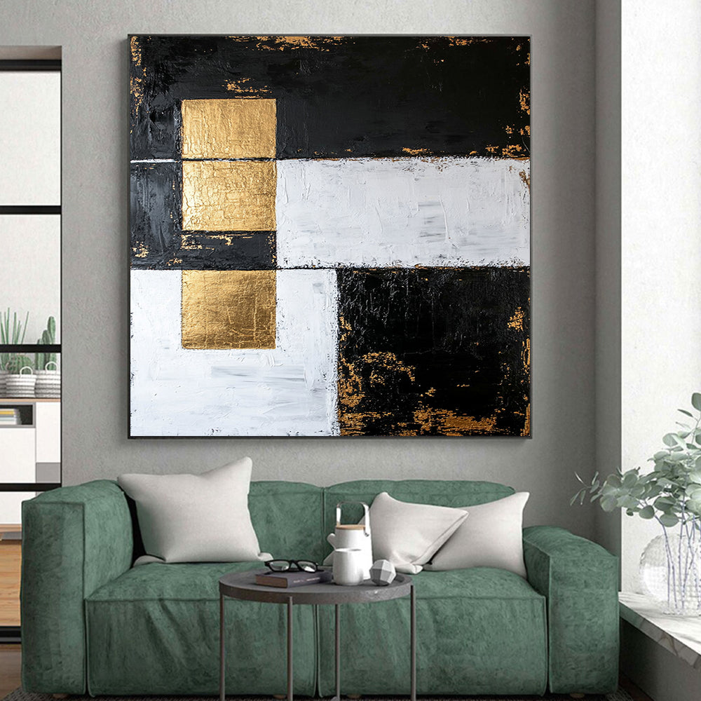 Black, White, Gold, Patchwork Squares "Gilded Fragmented Squares" Abstract Modernist Painting On Canvas HB158