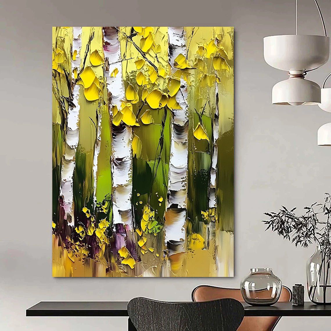 Contemporary abstract artwork featuring vibrant birch trees with thick brushstrokes, palette knife technique, and bright yellow and green foliage against striking white bark. DLZ1105
