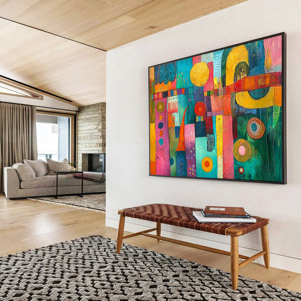 “Vibrant Colorful Mosaic” - Pink, Blue, Yellow, Mixed Patterns - Folk - Inspired Acrylic Painting HB1521