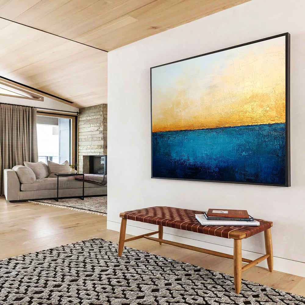 “Golden Horizon” - Blue, Gold, White, Minimalist Abstract Seascape Painting On Canvas HB1067