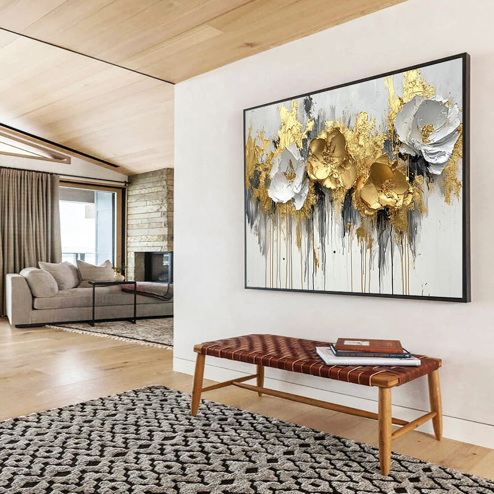 “Gold - White Floral Abstract” - Gold, White, Gray, Textured Flowers - Painting On Canvas HB1414