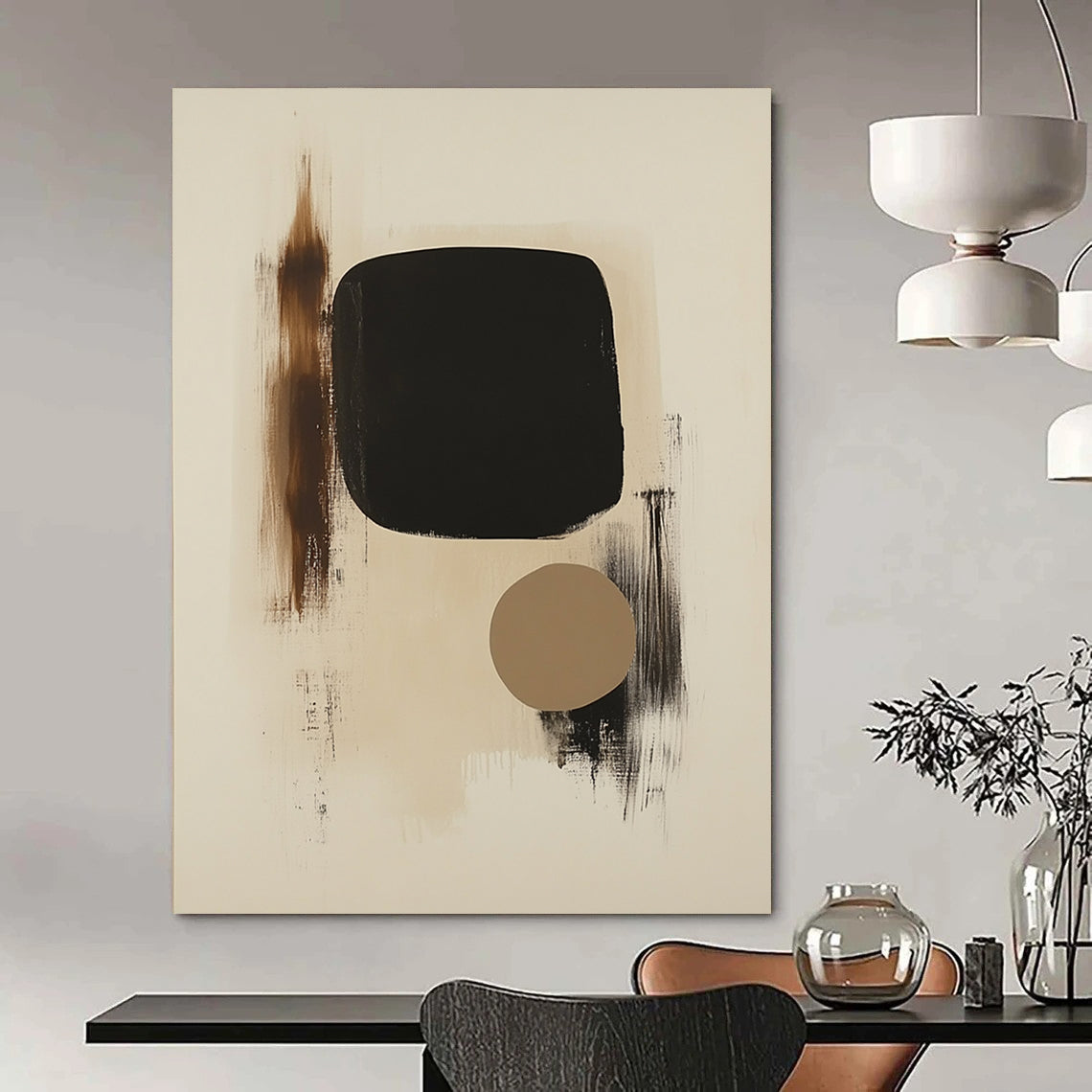 Large contemporary hand-painted abstract art featuring black shapes on beige background with a small brown form and organic brushstroke textures. DLZ1331