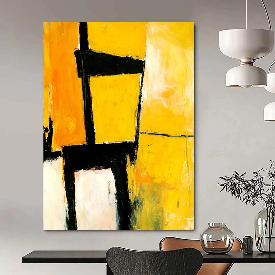 Contemporary abstract artwork showcasing an electrician's chair in vibrant yellow and black shades by Mariling & Jay Mead for a striking visual impact. DLZ0949