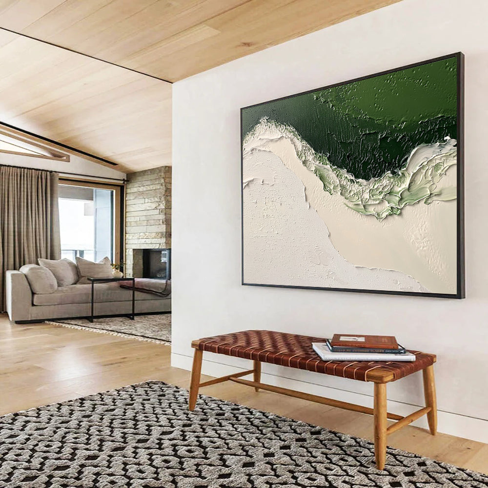 “Textured Green and White Abstract” - Green, White, Thick Textures Painting On Canvas HB0890