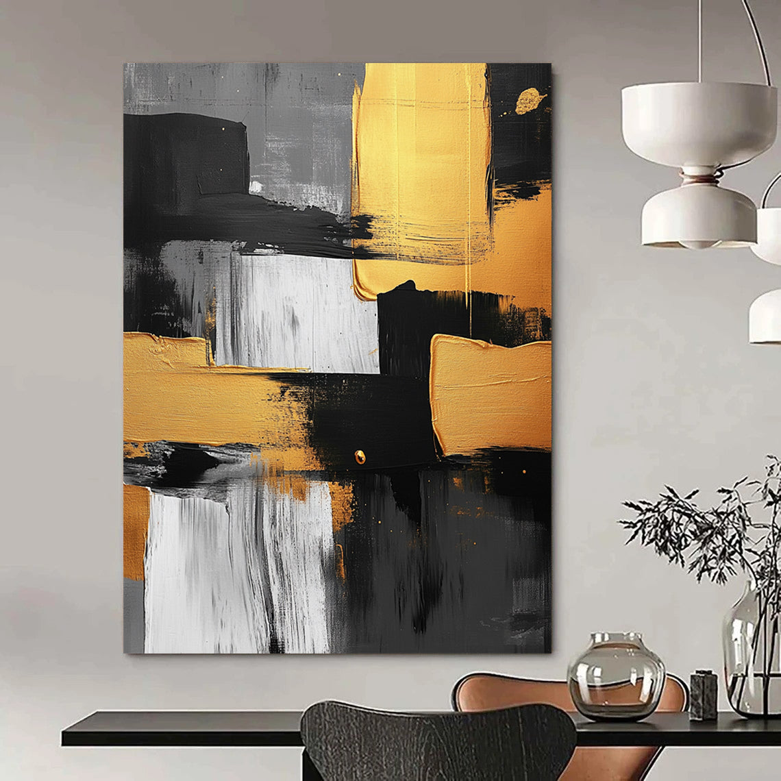 Contemporary abstract artwork featuring black white and yellow brush strokes with gold accents on a textured gray background and geometric shapes. DLZ1560