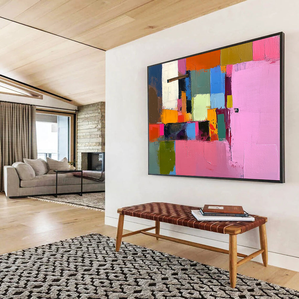 “Colorful Cubes” - Pink, Orange, Blue, Green, Abstract Cubist Blocks Painting On Canvas HB1058