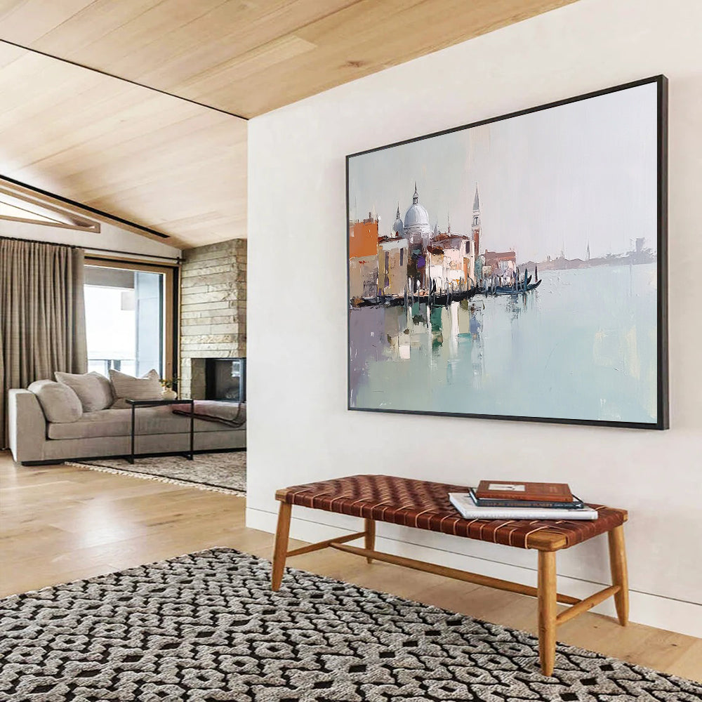 “Venice Impression Abstract” - Beige, Blue, Orange with Venice Scene - Painting On Canvas HB1403