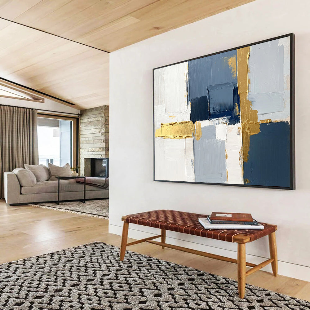 “Blue and Gold Geometric Abstract” - Blue, gray, white, gold; Geometric abstract with gold accents; Acrylic Painting On Canvas HB1252