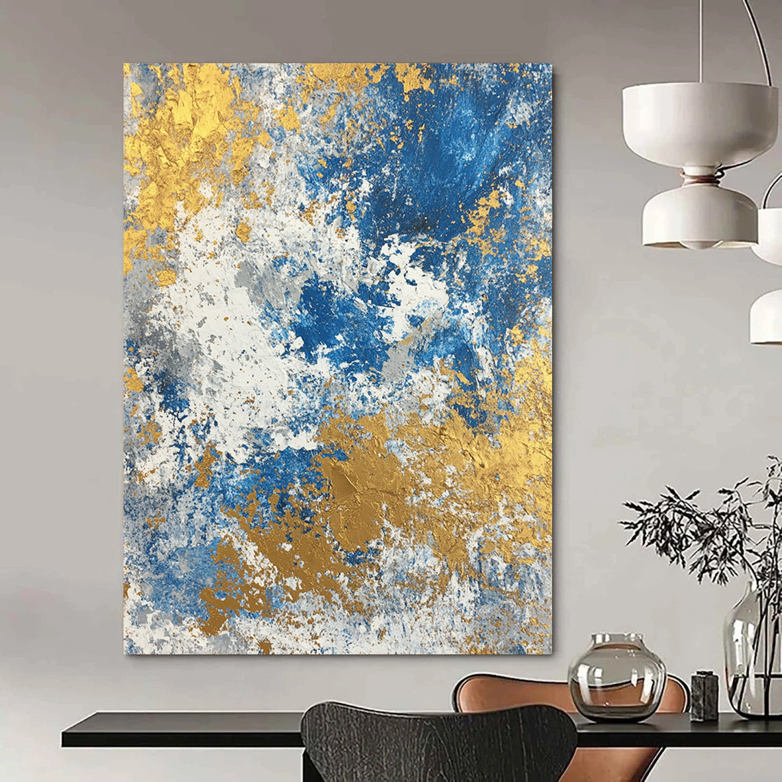 Large contemporary abstract painting featuring a textured blend of blue gold beige white and silver colors. Perfect for modern decor. DLZ0339