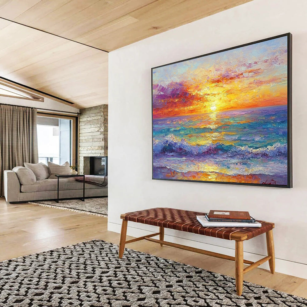 “Vibrant Sunset Over Ocean” - Oranges, Pinks, Purples, Blues, Ocean Sunset - Impasto Oil Painting HB1566