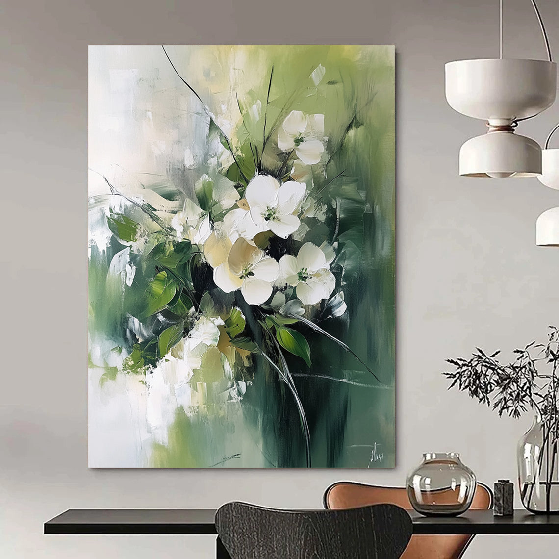 Contemporary abstract painting features white flowers and green leaves with a luminous palette and blurred edges on a neutral green background. DLZ0670