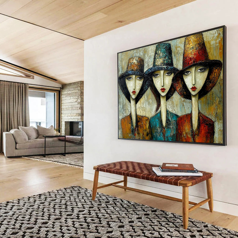 “Women in Hats” - Earthy Tones, Reds, Blues, Stylized Portraits of Women in Hats - Textured Oil Painting HB1760