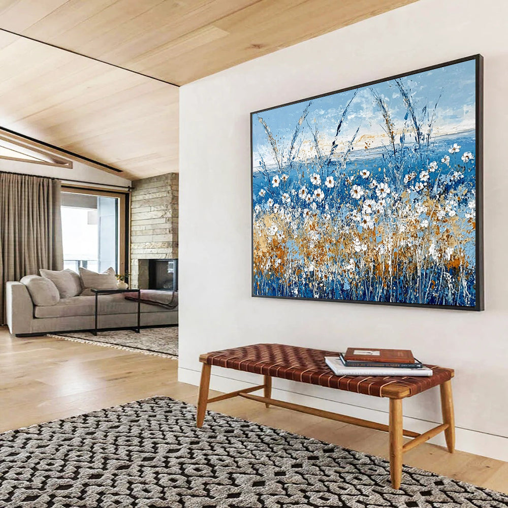 “Blue Wildflower Field with White Daisies” - Blue, White, Yellow, Orange, Floral Landscape Painting On Canvas HB0828