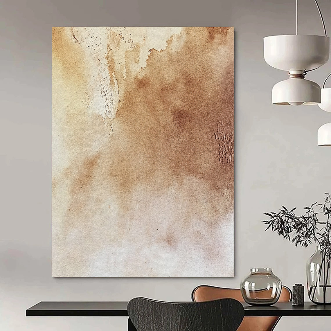 Contemporary hand-painted abstract artwork featuring soft beige textures atmospheric skies and intricate natural landscapes in light and dark shades. DLZ1723