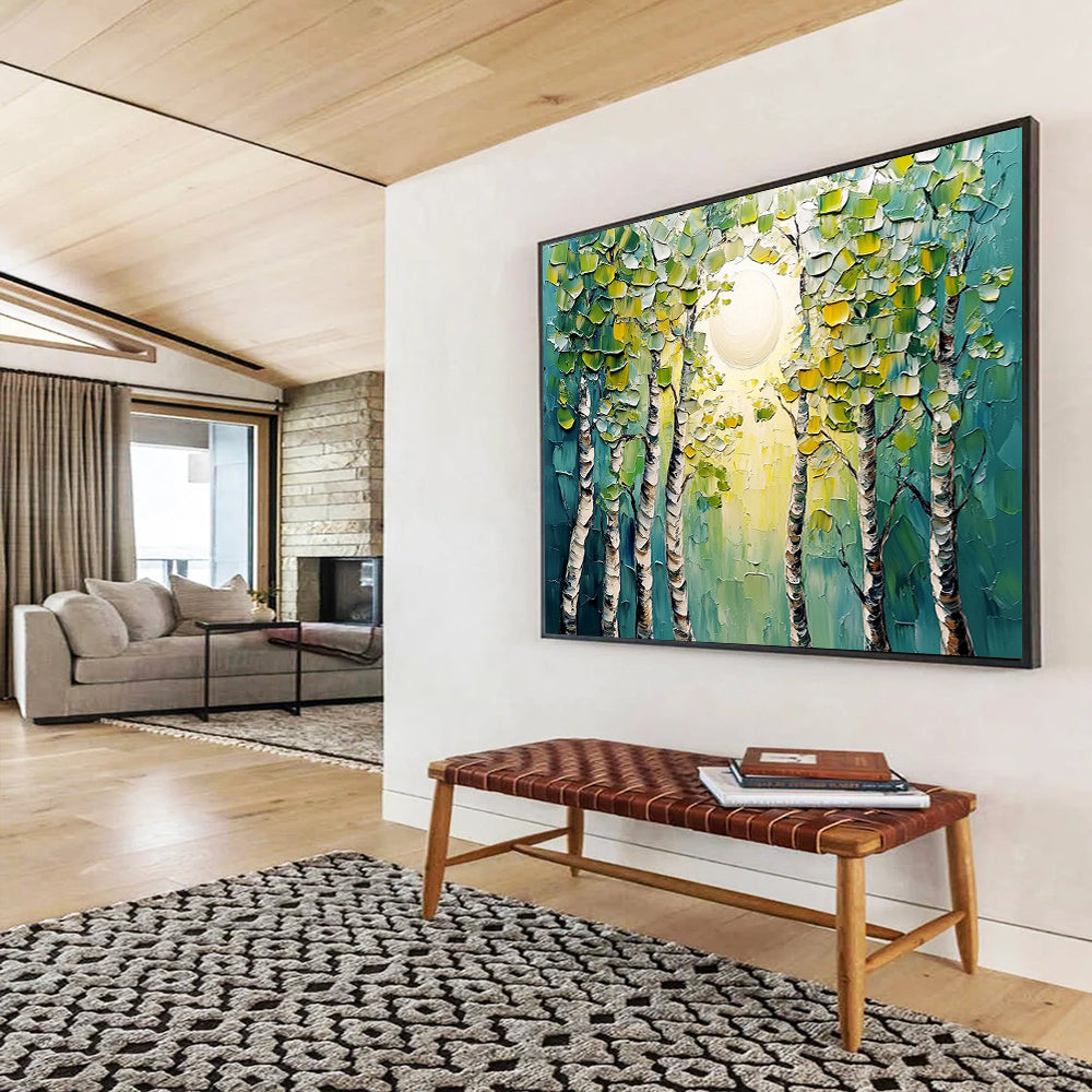 “Textured Forest Sunrise” - Green, Yellow, Blue, Textured Forest & Sun HB1133